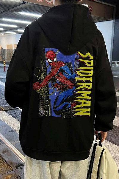 Gofeel Y2k Oversize Μαύρη κουκούλα με στάμπα Spiderman Character Φούτερ Gofeel