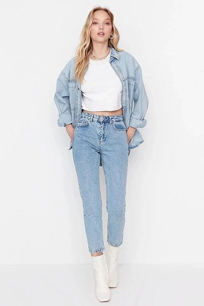 Ramrod Blugi mom subțiri cu talie înaltă Ice Blue Snow Wash Lycra