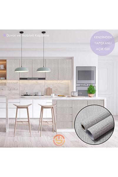 TechnoSmart 60cm×300cm Kendinden Yapışkanlı Keten Açık Gri Duvar Kağıdı Mutfak Dolap Masa Kaplama