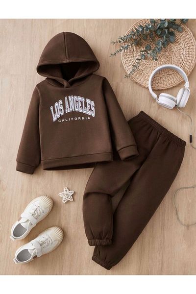 MORNİNG KİDS Детски кафяв анцуг с качулка Los Angeles с принт
