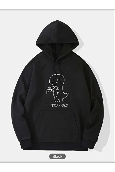 VESTIR BIEN Black T-rex Printed Kangaroo Pocket Hooded Oversize Sweatshirt