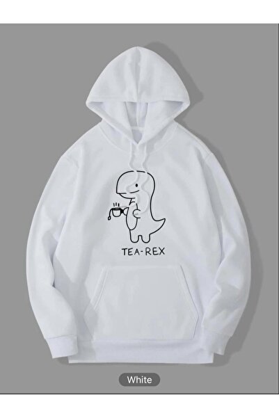 VESTIR BIEN Λευκό φούτερ με στάμπα T-rex, τσέπες καγκουρό και κουκούλα, σε ov...