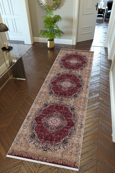10 Post Online Brown Claret Red Runner Living Room Carpet - Non-Slip Base, Cut Washable Digital Printed Hallway Carpet