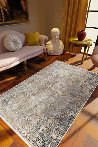 10 Post Online Salon Halısı Klasik Eskitme Gri Bej Kaydırmaz Kesme Yıkanabilir Ince Halı Tüysüz Kilim