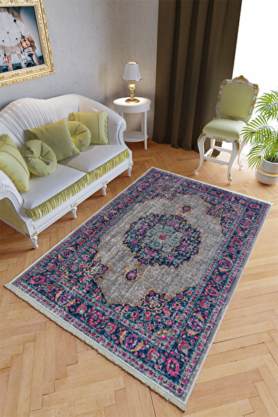 10 Post Online Klasik Salon Halısı Lacivert Mor Yolluk Kaymaz Yuvarlak Oval K...