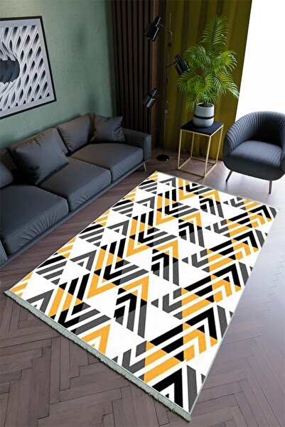 10 Post Online Salon Halısı Modern Geometrik Sarı Kaydırmaz Kesme Yıkanabilir...