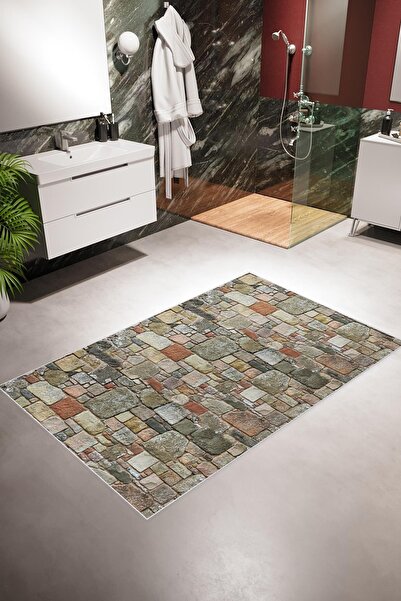 10 Post Online Banyo Paspası Eskitme Taş Desenli Gri Kaydırmaz Kesme Yıkanabilir Ince Halı Tüysüz Kilim