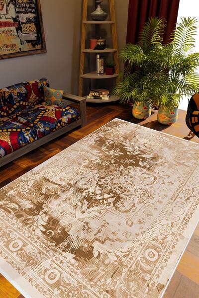 10 Post Online Salon Halısı Otantik Eskitme Çiçek Temalı Kahverengi Kaydırmaz...