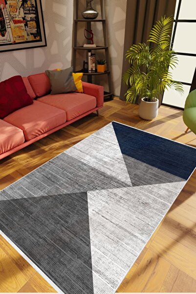 10 Post Online Salon Halısı Modern Patchwork Gri Indigo Lacivert Kaydırmaz Ke...