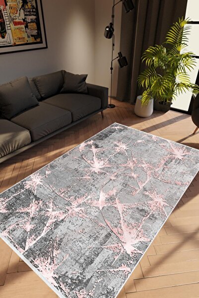 10 Post Online Salon Halısı Modern Çizgili Gri Pembe Kaydırmaz Kesme Yıkanabilir Ince Halı Tüysüz Kilim