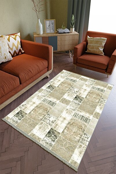 10 Post Online Salon Halısı Otantik Haki Patchwork Yolluk Kaymaz Yuvarlak Ova...