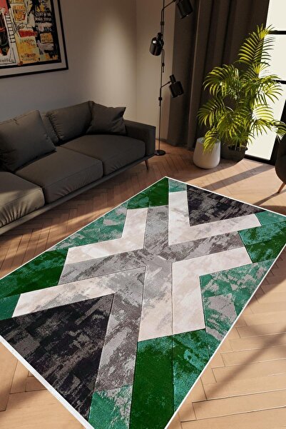 10 Post Online Salon Halısı Modern Geometrik Gümüş Yeşil Siyah Kaydırmaz Kesm...