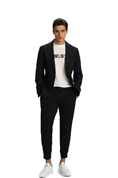Siyah Belıeve Baskılı Erkek Basic Bisiklet Yaka Oversize Kısa Kollu T-shirt