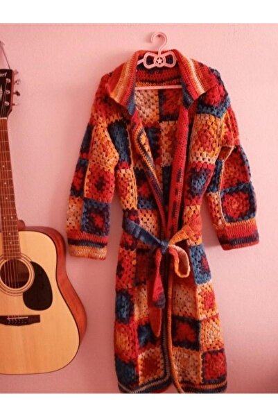 örgüdelisi Women's Hand Knitted Square Motif Cardigan