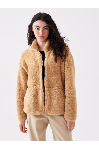 LC Waikiki Állványgalléros sima, hosszú ujjú, túlméretezett női plüss kardigán