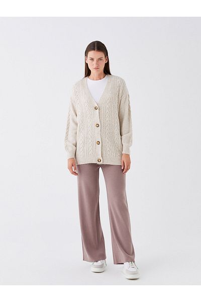 LC Waikiki Long Sleeve V-Neck Patterned Women's Knitwear Cardigan