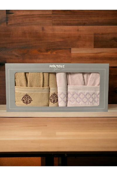 Bayev Σετ μπουρνούζι Minteks Silver Beige-Pink 6 τεμαχίων - Οικογενειακό Σετ μπουρνούζι με πετσέτες μπάνιου