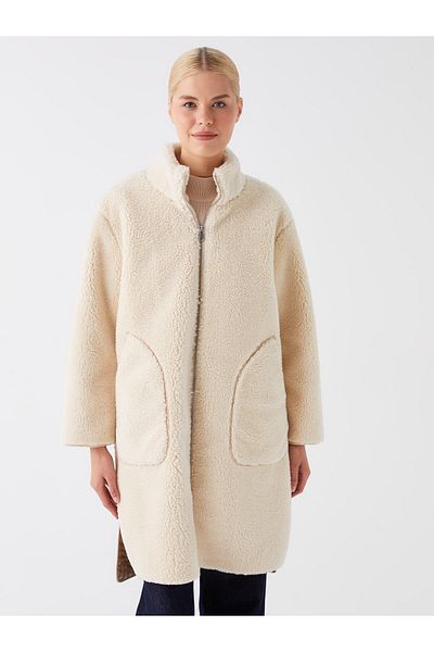 LC Waikiki Stand Collar Plain Oversize dámský plyšový kabát