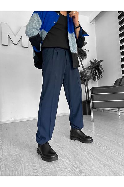 THEMANN Baggy Pleated Navy Blue Pipe Leg Trousers