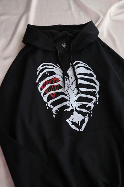Gofeel Black Harajuku Aesthetic Hooded Sweatshirt - Heart Rib Design