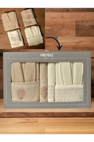 Bayev Σετ μπουρνούζι Minteks Silver Beige-Cream 6 τεμαχίων με πετσέτες - Οικογενειακό σετ μπουρνούζι με πετσέτες μπάνιου