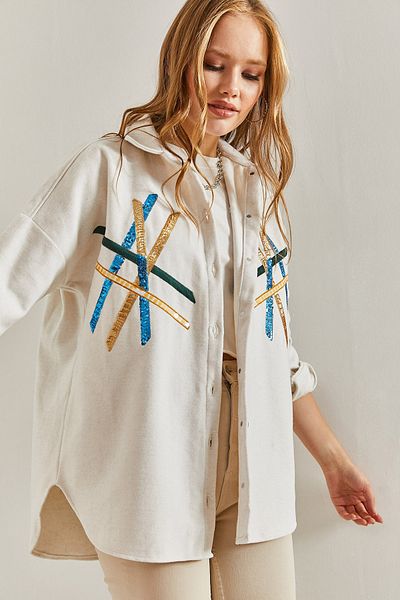Bianco Lucci Women's Sequin Pallet Embroidered Stamp Shirt