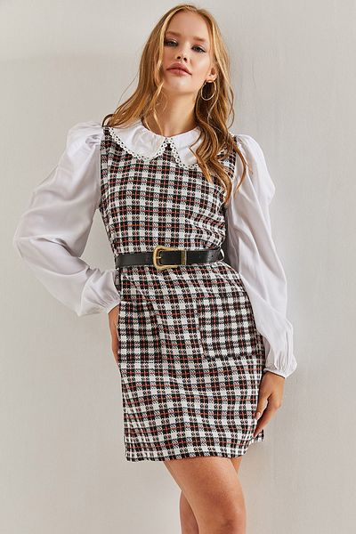 Bianco Lucci Damenkleid mit Gürtel und kariertem Kragen