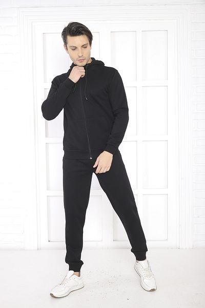NEED LİFE Men's Black Zippered Hooded Regular- Comfortable Fit Bottom Top Tracksuit Set