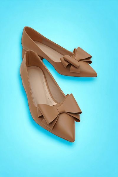 DURUNUN BUTİĞİ Pantofi cu toc cu vârf ascuțit Rena Nude Bow (4 cm).