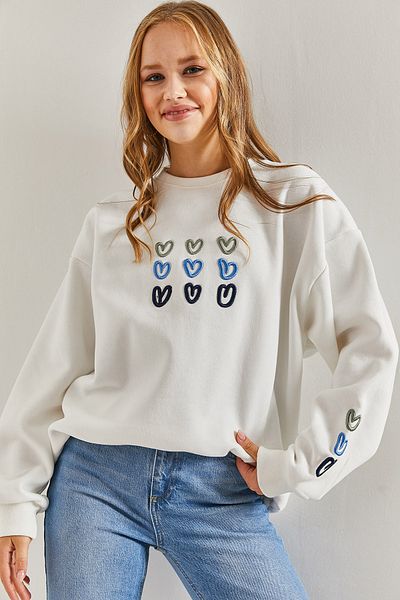 Bianco Lucci Damen-Sweatshirt mit dreifädigem Raised Heart-Print