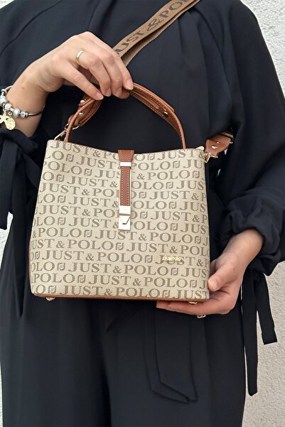 Just Polo Kilit Detaylı 3 Bölmeli Kadın Vizon Taba El ve Omuz Çantası 22x20cm...