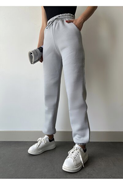 schlank Pantaloni de sport de jogger de bază, cu elastic, cu talie înaltă, din lână, gri argintiu, de iarnă