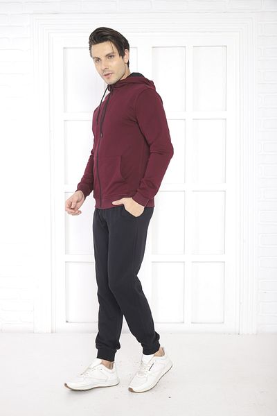 NEED LİFE Men's Burgundy Zippered Hooded Regular- Comfortable Fit Bottom Top Tracksuit Set