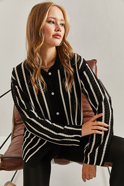 Bianco Lucci Dámský košilový límec s dlouhým rukávem pruhovaný cardigan