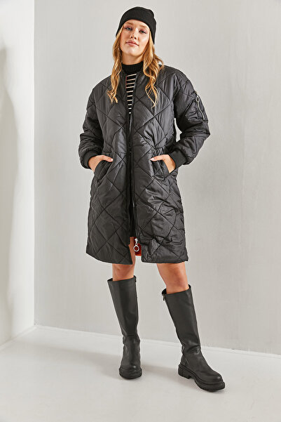 Bianco Lucci Dámský podšitý prošívaný dlouhý kabát s elastickými rukávy