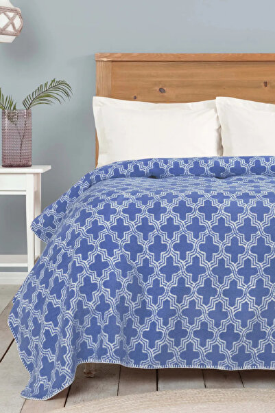 Karaca Home Benita Indigo Double Cotton Blanket - Boxed