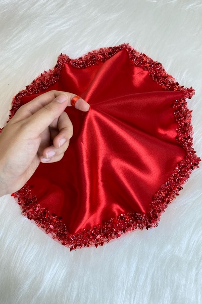 ZEYMERADE Kırmızı Gelin Mendili, Halay El Mendili, Pullu Boncuklu İncili Taşl...