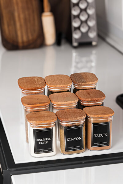 TARÇIN HOMES 9'lu 200 & 250 & 300 Ml Vakumlu Her Boy Ahşap Kapaklı Etiketli M...