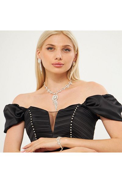 Flaner Paris Aksesuar Jewelled Choker Necklace Earrings Bracelet Set