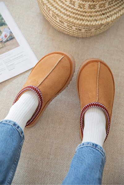 İncim ® |   Παντόφλες Sabo με επίπεδη σόλα Deyra Taba Suede με επένδυση από γούνα