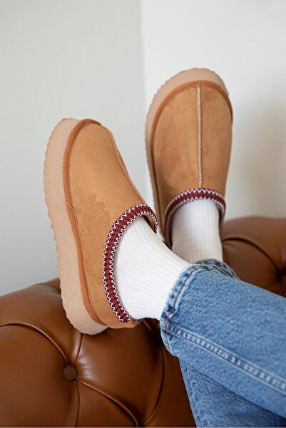 İncim ® |   Παντόφλες Sabo με επίπεδη σόλα Deyra Taba Suede με επένδυση από γούνα