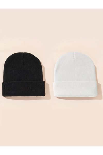 QUATEX Black and White Double Unisex Folded Knitwear Plain Beret