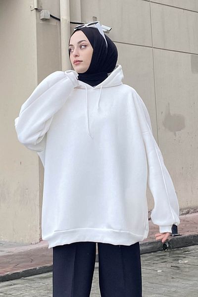 lamelif Λευκό Oversize Hooded Sweat - Πλαϊνή τσέπη