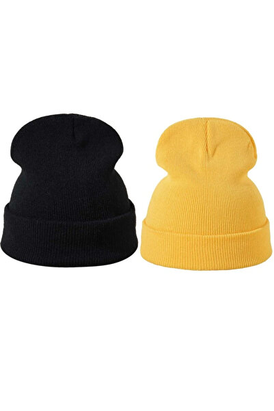 QUATEX Black Yellow Double Unisex Folded Knitwear Plain Beret