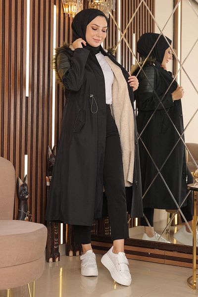 Modamihram Black Garni Detailed Coat - MİH10385