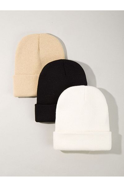 QUATEX Cream Black White Triple Set Unisex Folded Knitwear Plain Beret