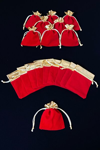 ZEYMERADE Kadife Kına Çerez Altın Takı Havlu Kesesi Kırmızı Gold 25 Adet Ölçü...