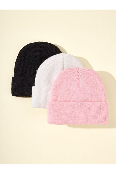 QUATEX Black White Pink Triple Set Unisex Folded Knitwear Plain Beret