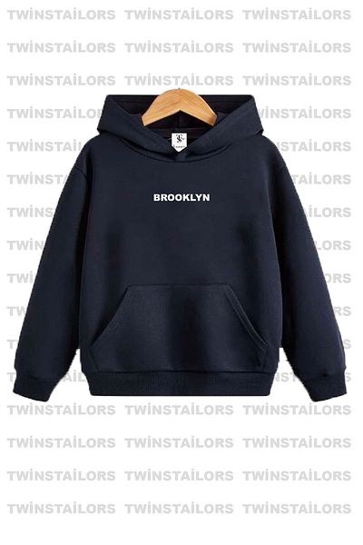 twins tailors Hanorac cu glugă unisex cu imprimeu Brooklyn, albastru bleumarin pentru copii