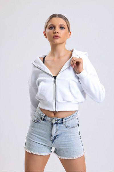 ladyzey hanorac alb cu glugă și fermoar pentru femei